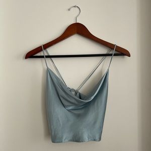 Satin blue cowl neck tank top with back tie
